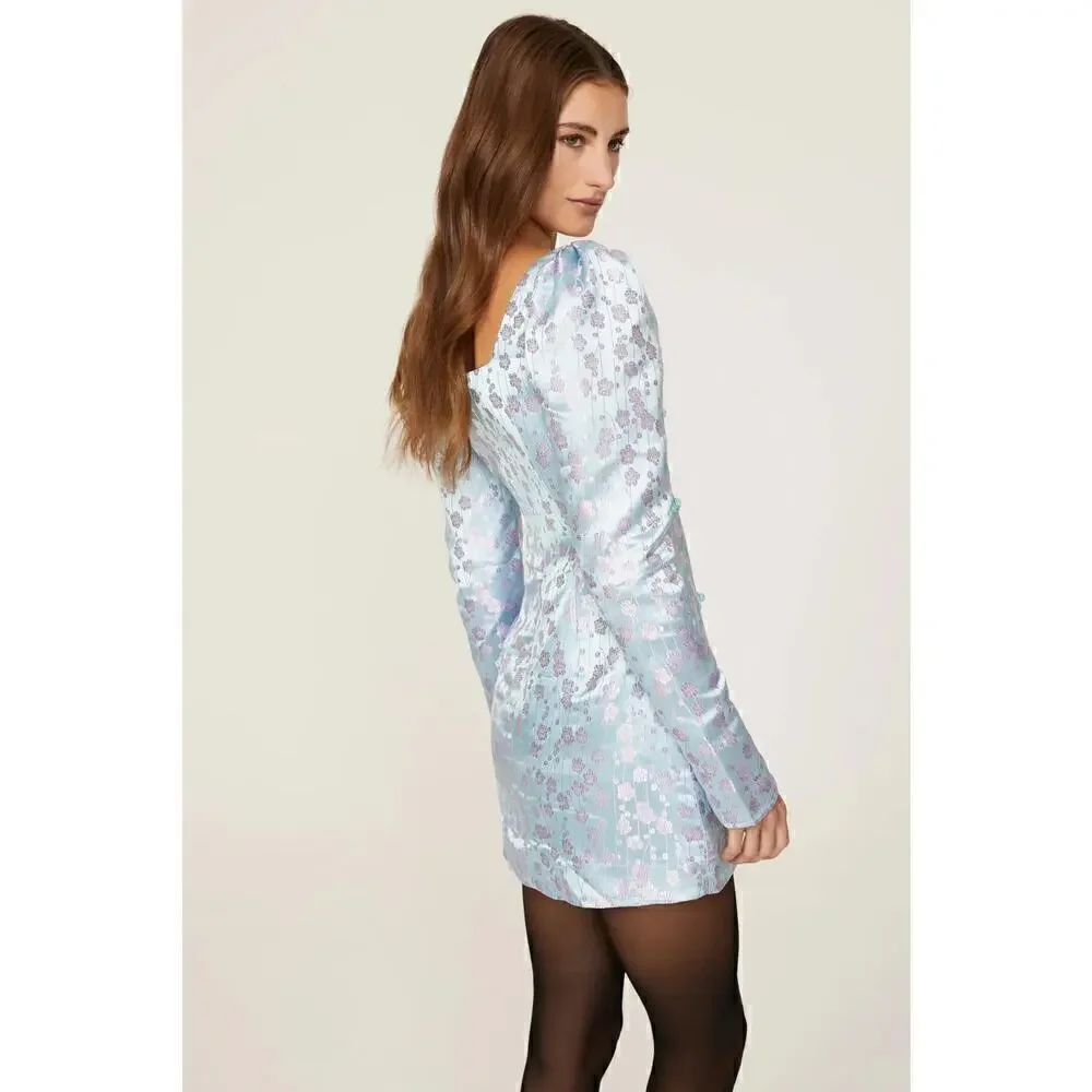 Sau Lee Jen Dress Satin Floral Jacquard Long Sleeve Square Neck Mini Blue Size 0